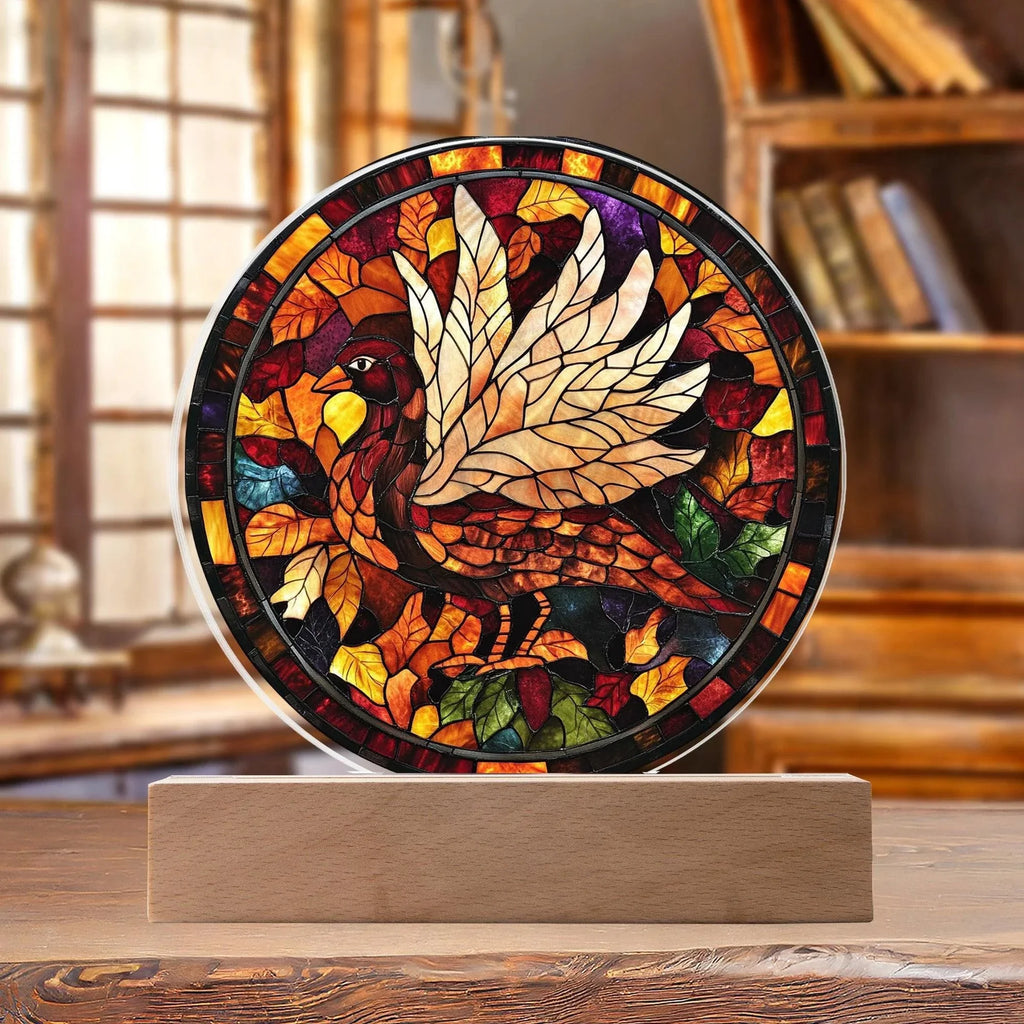 Turkey Stained-glass Round Acrylic Plaque - LED Lighted Wooden Base