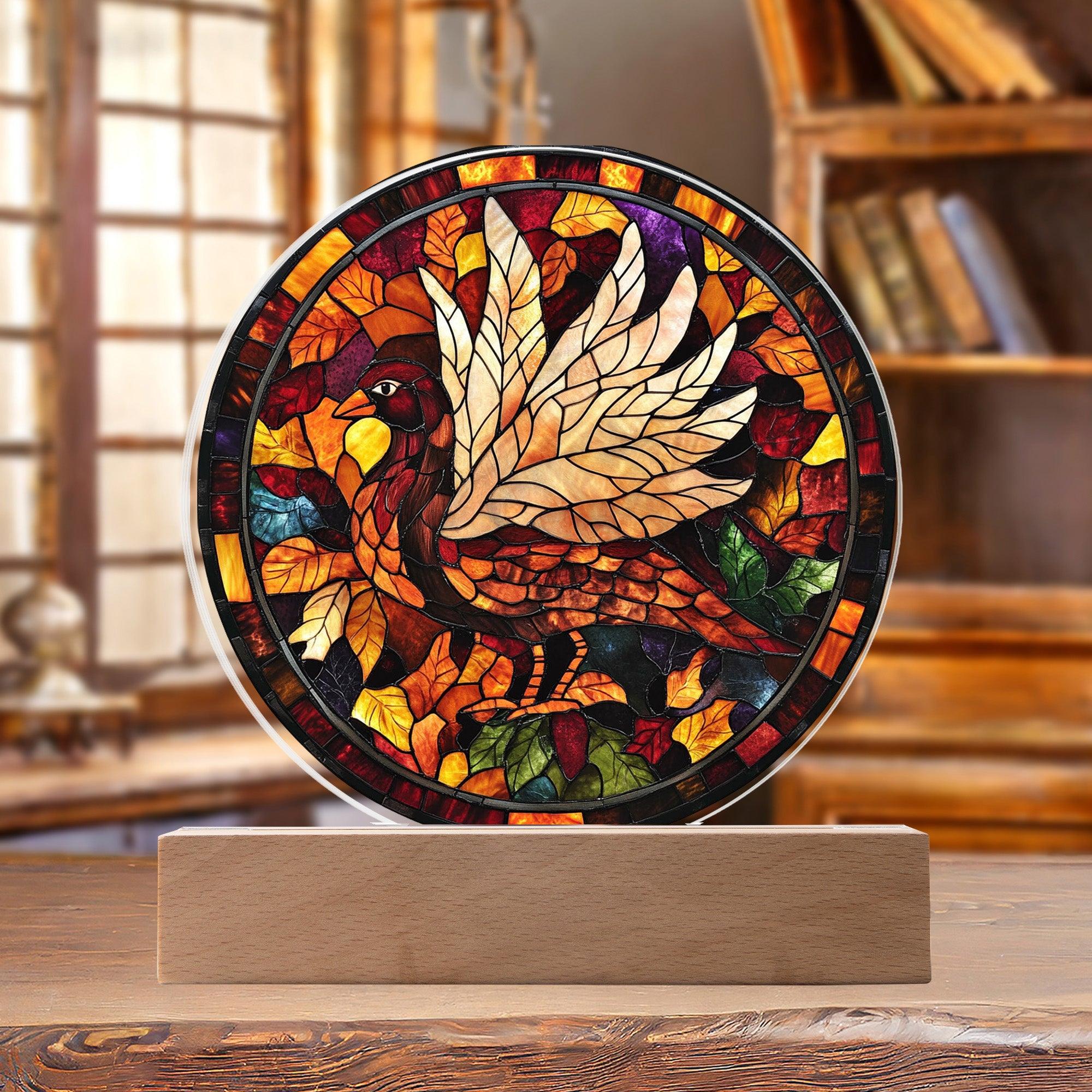 Turkey Stained-glass Round Acrylic Plaque - LED Lighted Wooden Base - Mallard Moon Gift Shop