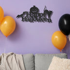 Happy Halloween Metal Wall Art Sign – Pumpkin Bat Cat Halloween Decor – Outdoor Powder Coated Steel Sign – Spooky Farmhouse Porch Decor