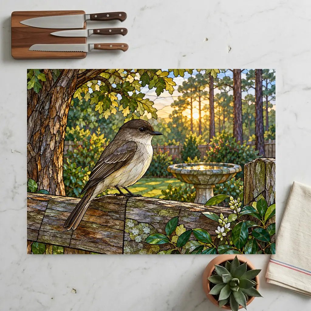 Eastern Phoebe Glass Cutting Board, Backyard Bird Kitchen Decor, Birdwatcher Gift, Bird Lover Gift, Nature Inspired Serving Board