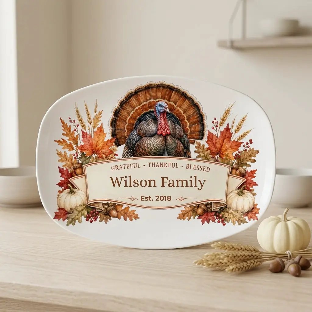 Personalized Thanksgiving Platter with Turkey, Custom Family Name Serving Platter, Grateful Thankful Blessed, Thanksgiving Hostess Gift