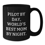 Pilot Gifts: 'Pilot By Day, World's Best Mom By Night' Funny Black Coffee Mug for Graduation, Gifts from Mom to Pilot