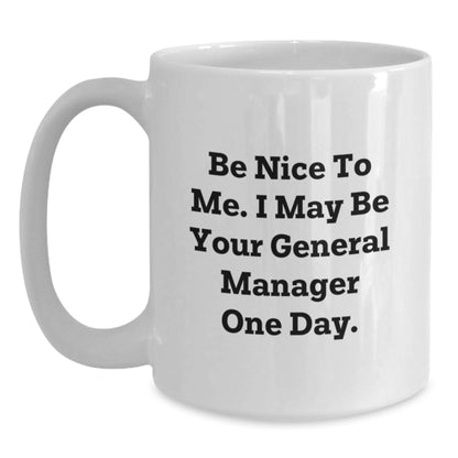 Funny General Manager Gifts from Men to General Manager Friends for Christmas Unique White Coffee Mugs, Be Nice To Me. - Main