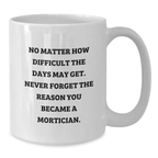 Mortician Graduation Unique Gifts from Friends to Mortician Men, Funny White Coffee Mug, Never Forget the Reason You Became a Mortician, Inspirational and Cute Quote - Additional