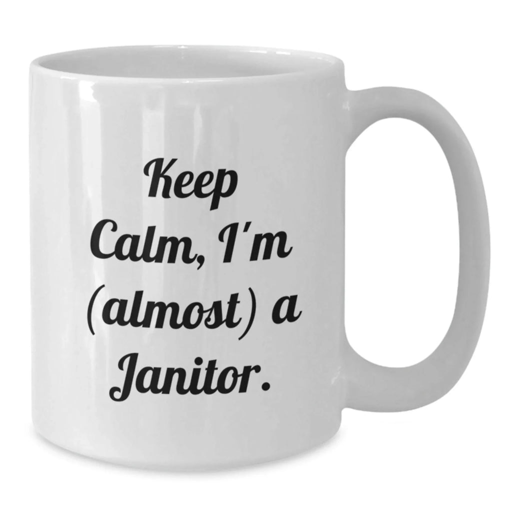Funny Janitor Mugs, 'Keep Calm, I'm (almost) A Janitor.' Gifts from Friends for Janitor, Birthday Unique Gifts for Janitor