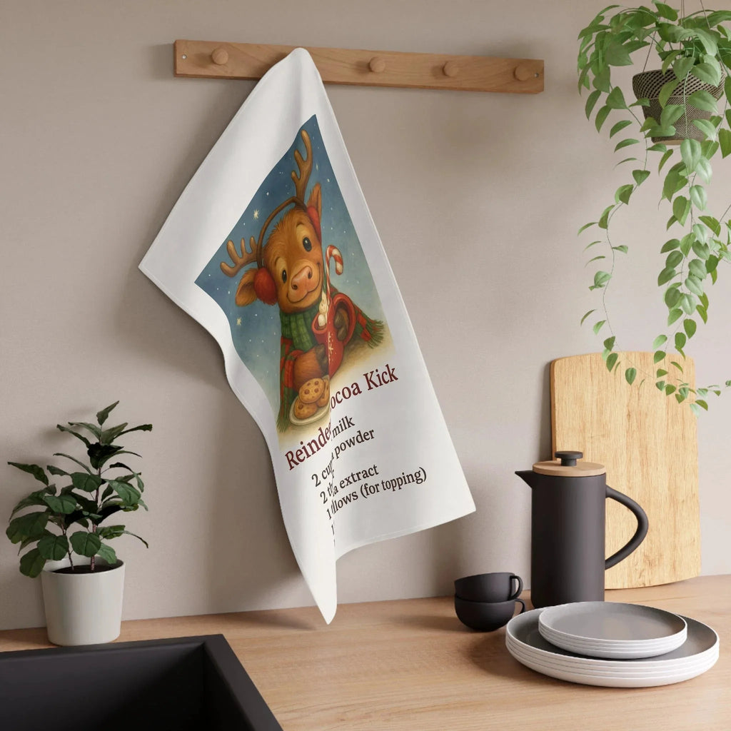 Reindeer Cocoa Kick Tea Towel — Holiday Hot Chocolate Recipe Kitchen Towel