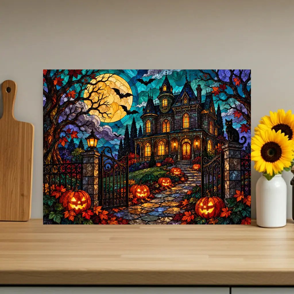 Halloween Haunted Mansion Personalized Glass Cutting Board, Spooky Pumpkin Kitchen Decor