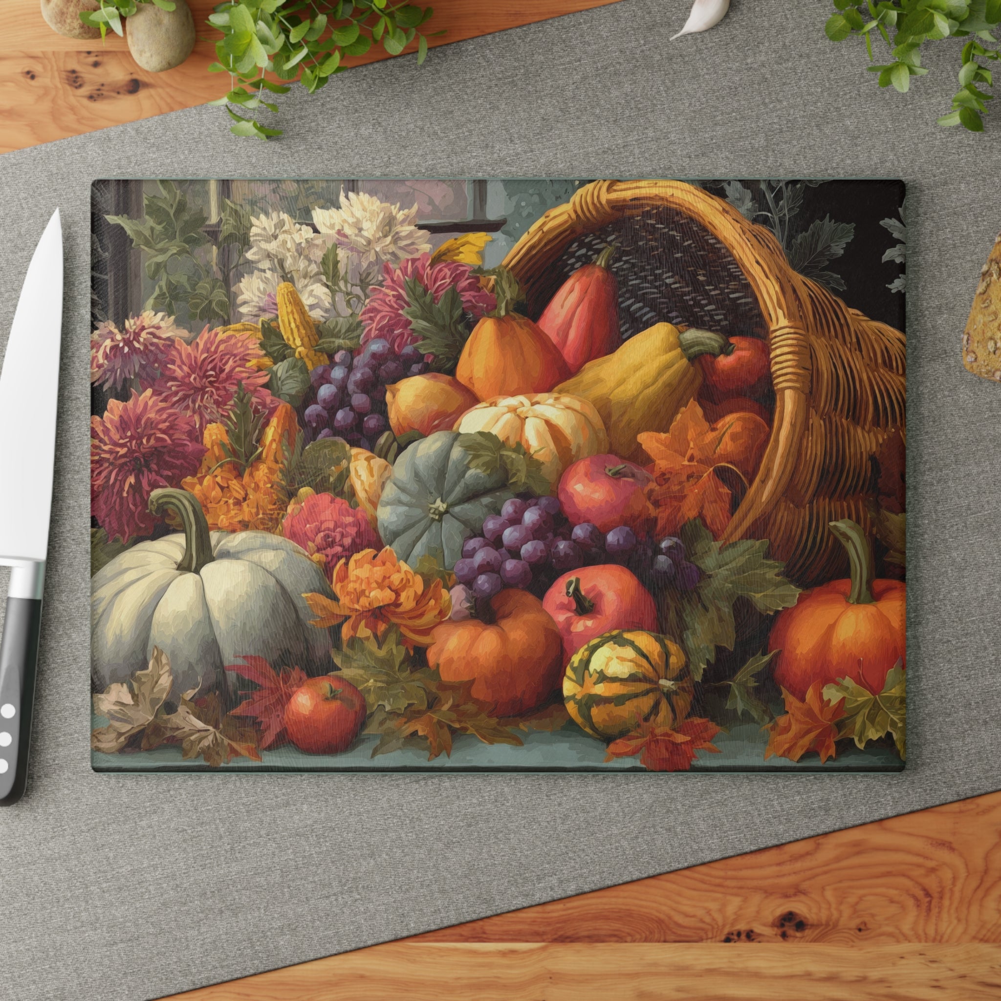 Glass Cutting Board - Fall Cornucopia Harvest Kitchen Decor