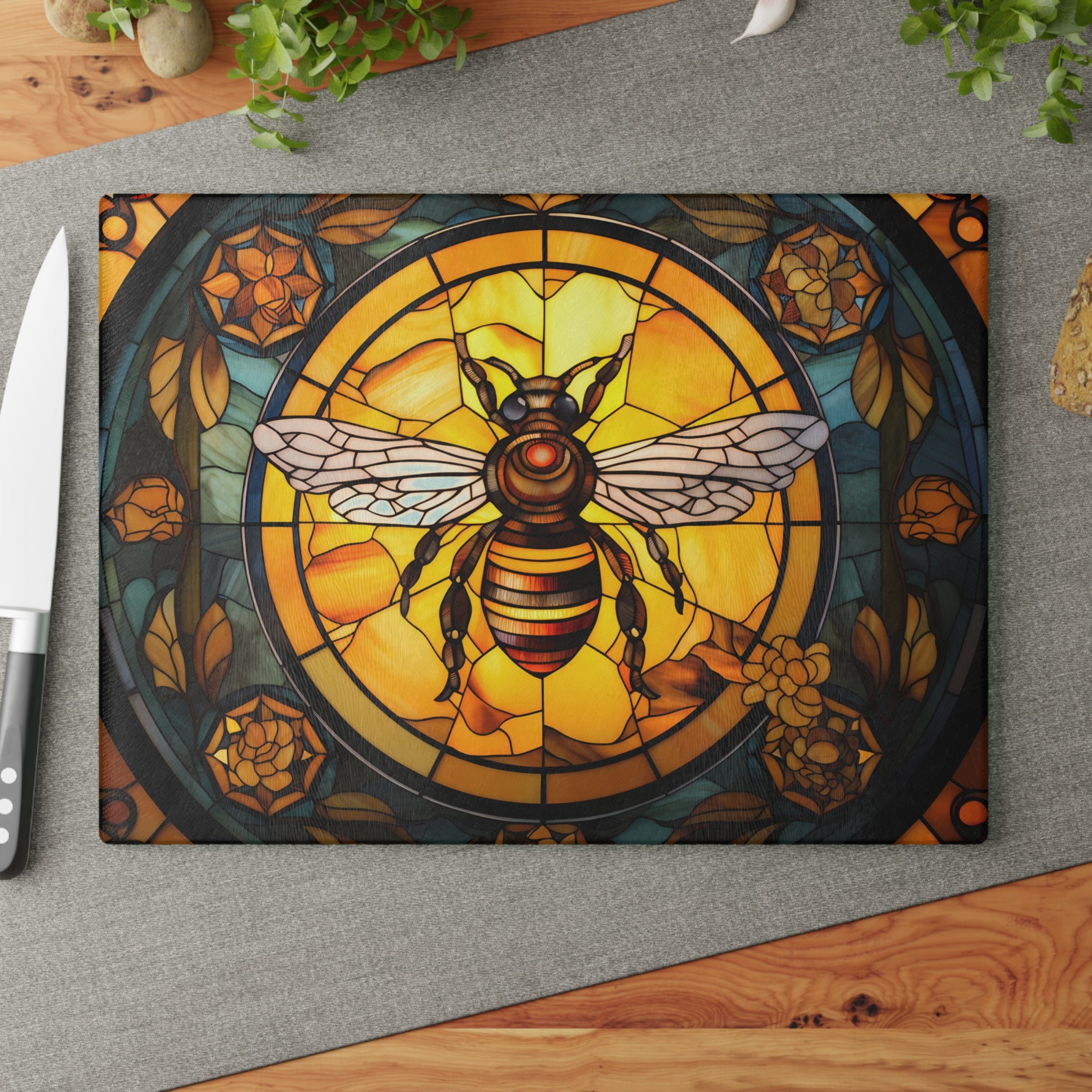 Bee Stained Glass Glass Cutting Board — Decorative Floral Kitchen Board