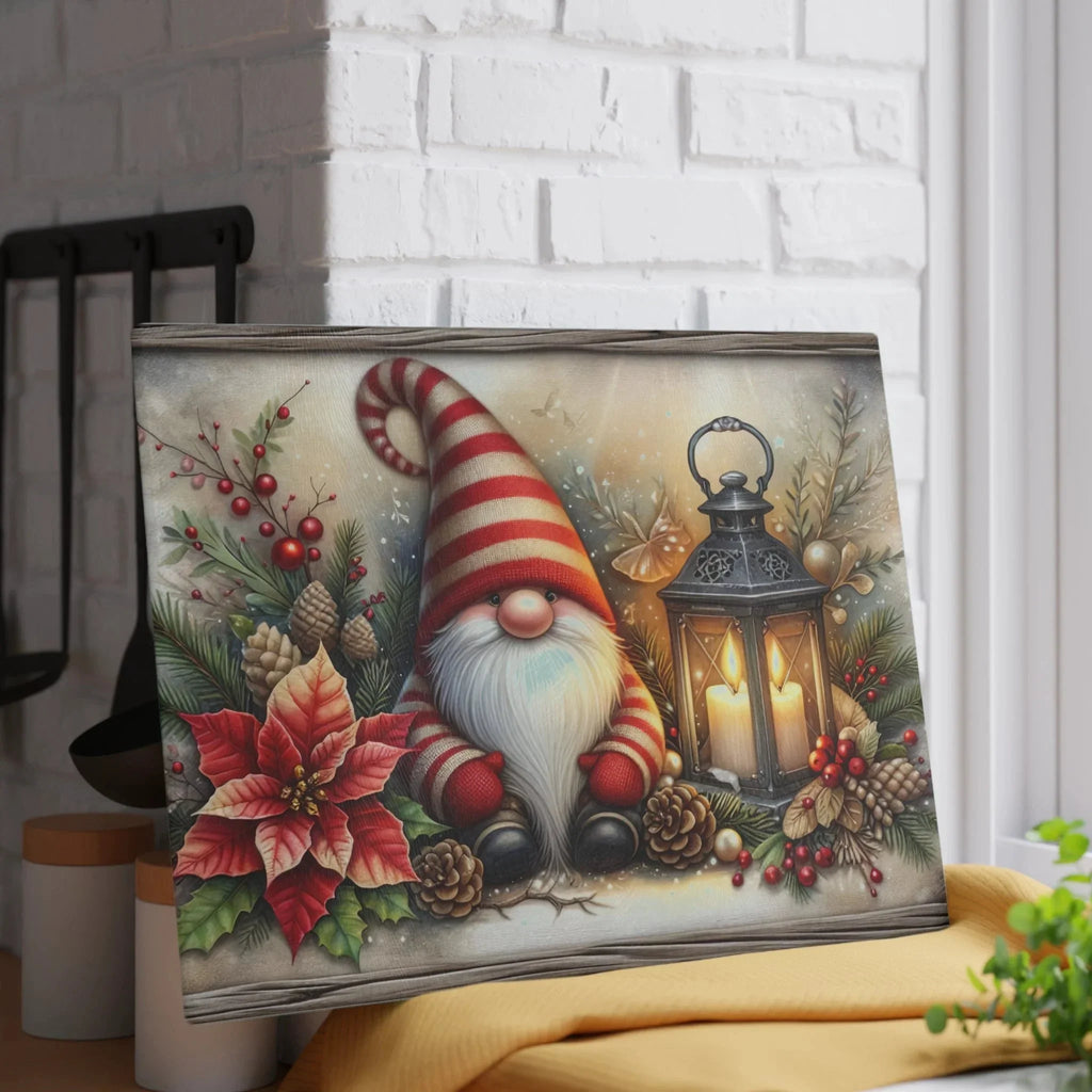 Christmas Gnome Glass Cutting Board — Festive Poinsettia & Lantern Kitchen Decor