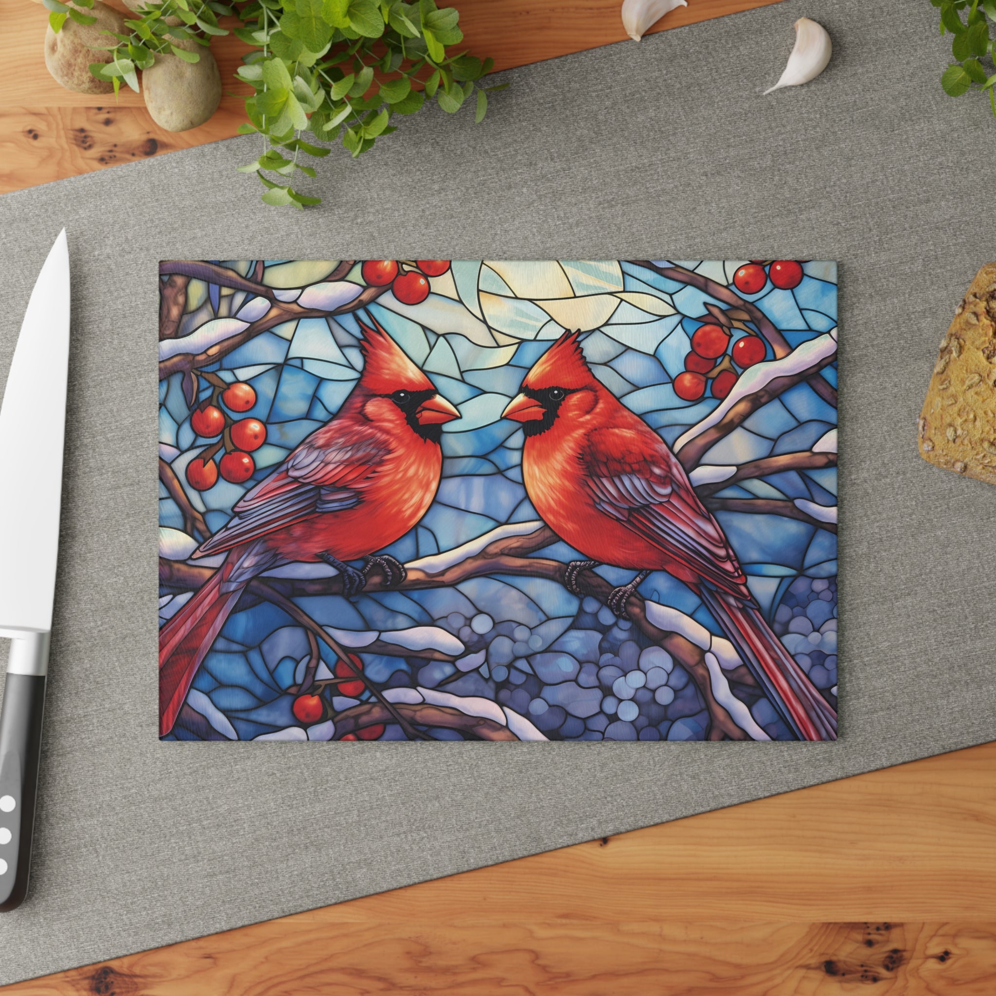 Cardinal Stained-Glass Glass Cutting Board — Decorative Holiday Kitchen Trivet