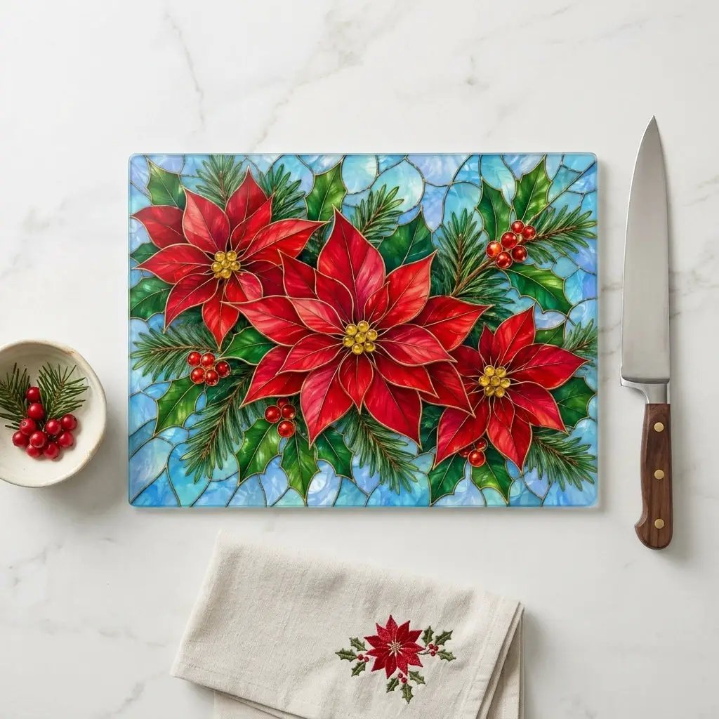 Christmas Poinsettia Glass Cutting Board, Evergreen Holiday Kitchen Decor, Red Floral Serving Board, Festive Winter Cooking Gift Idea