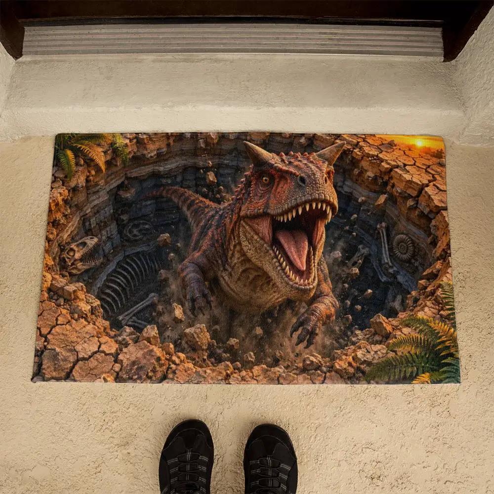 Carnotaurus 3D Optical Illusion Doormat, Dinosaur Fossil Pit Floor Mat, Prehistoric Dinosaur Door Mat, Dino Lover Gift