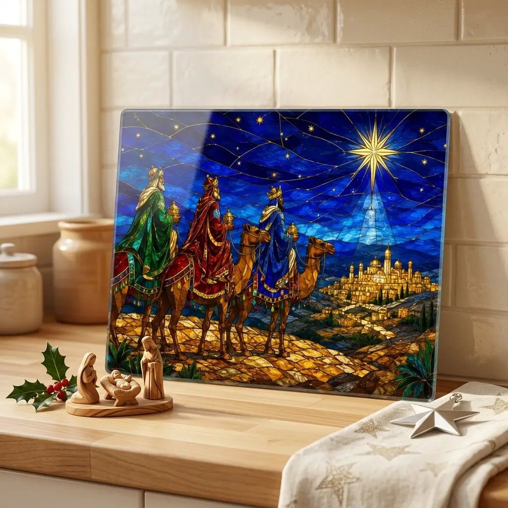 Three Wise Men Glass Cutting Board, Christian Christmas Gift, Magi Star of Bethlehem Decor, Religious Christmas, Stained Glass Art