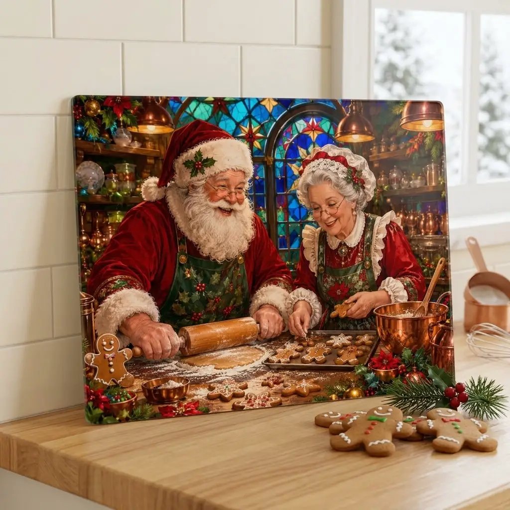 Santa and Mrs Claus Glass Cutting Board, Christmas Baking Decor, Gingerbread Kitchen Decor, Stained Glass Christmas Gift, Holiday Board