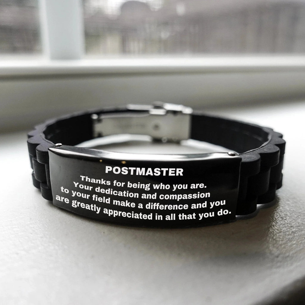 Postmaster Glidelock Bracelet – Engraved Black Stainless Steel and Silicone Wristband Gift for Postmasters – Appreciation Gift for Him or Her