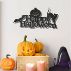 Happy Halloween Metal Wall Art Sign – Pumpkin Bat Cat Halloween Decor – Outdoor Powder Coated Steel Sign – Spooky Farmhouse Porch Decor