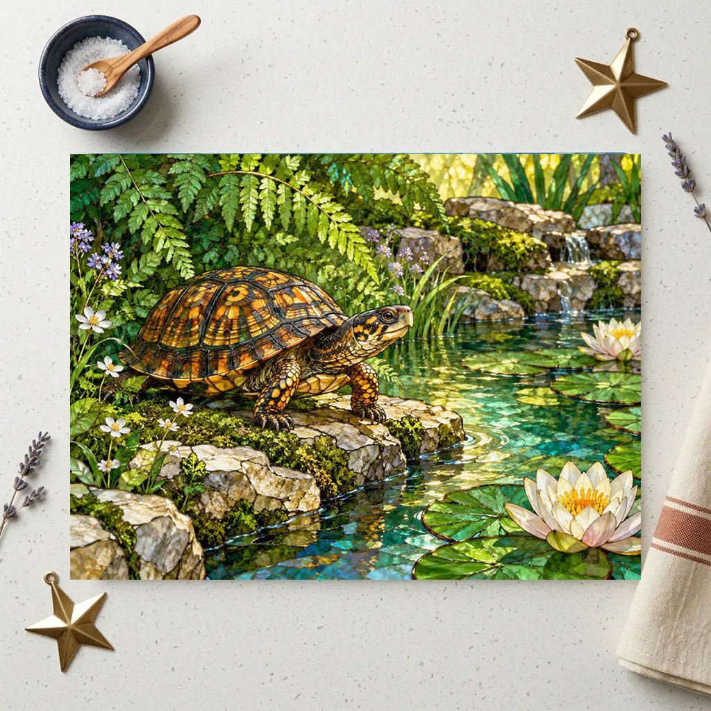 Box Turtle Glass Cutting Board, Pond Nature Kitchen Decor, Reptile Lover Gift, Wildlife Chopping Board, Decorative Tempered Glass Board