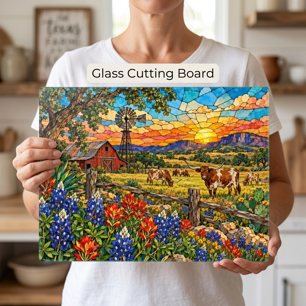 Texas Longhorn Glass Cutting Board, Bluebonnet Ranch Kitchen Decor, Western Farmhouse Gift, Texas Country Decor, Longhorn Cattle Art