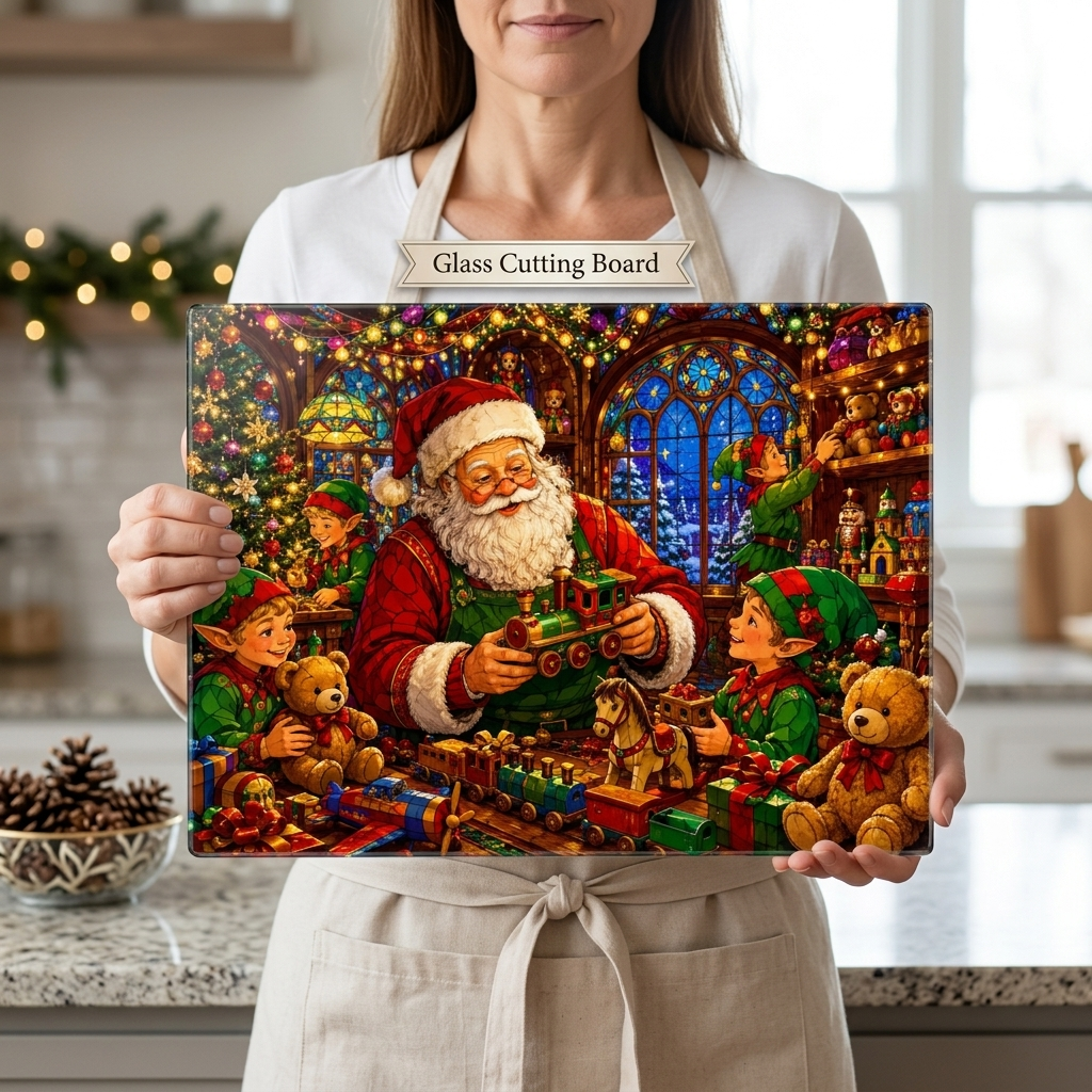 Santa Workshop Glass Cutting Board, Christmas Kitchen Decor, Santa and Elves Stained Glass Art, Holiday Serving Board, Christmas Gift