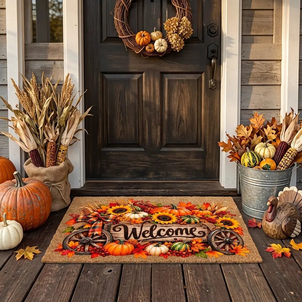 Harvest Wagon Welcome Doormat, Fall Coir Door Mat, Pumpkin Sunflower Welcome Mat, Autumn Farmhouse Porch Decor, Thanksgiving Doormat