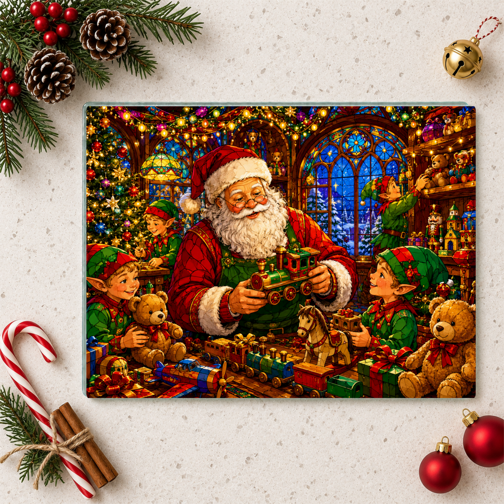 Santa Workshop Glass Cutting Board, Christmas Kitchen Decor, Santa and Elves Stained Glass Art, Holiday Serving Board, Christmas Gift