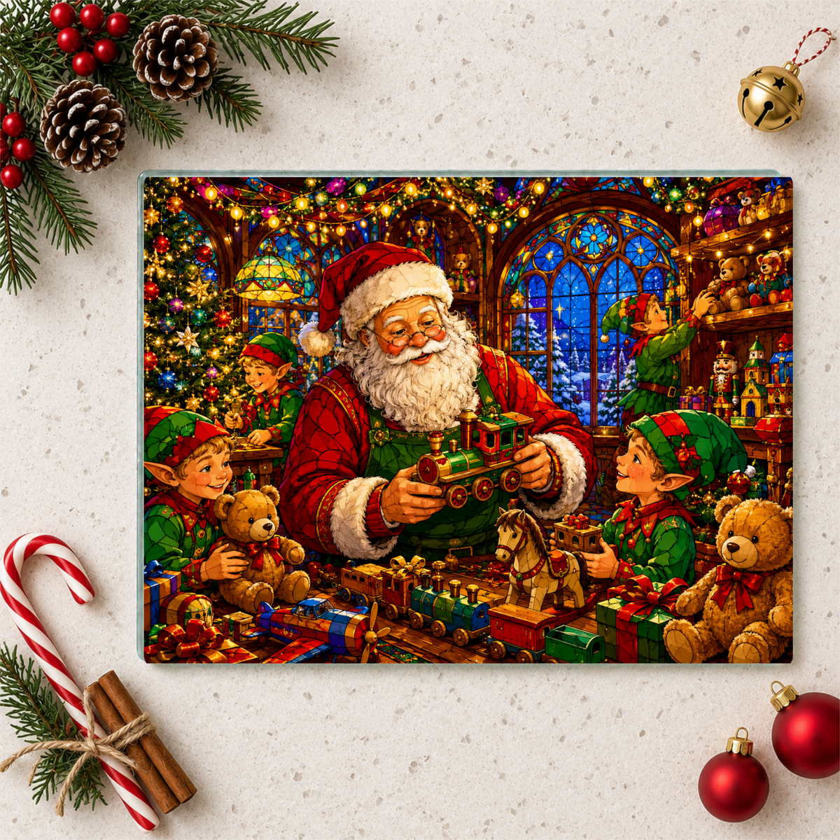 Santa Workshop Glass Cutting Board, Christmas Kitchen Decor, Santa and Elves Stained Glass Art, Holiday Serving Board, Christmas Gift