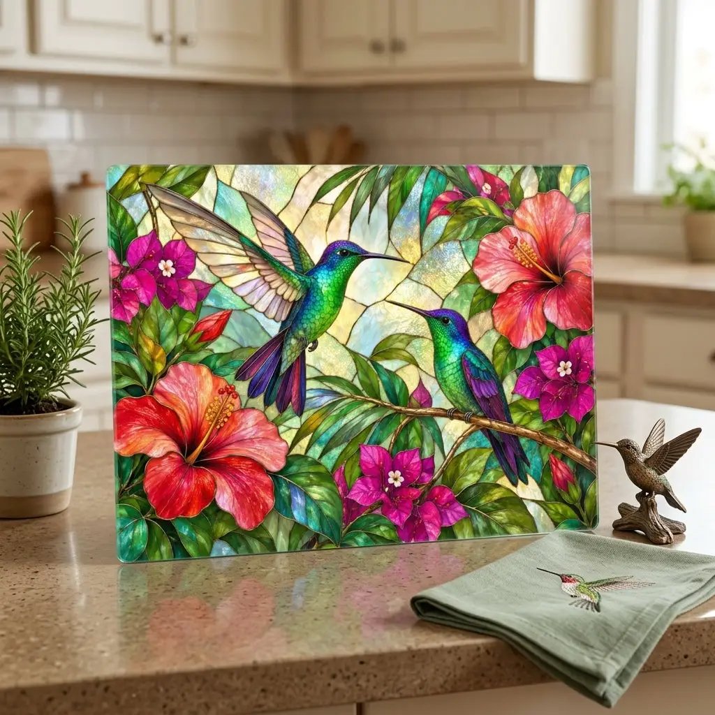 Hummingbird Cutting Board, Stained Glass Bird Decor, Tropical Hibiscus Kitchen Decor, Colorful Hummingbird Gift, Nature Lover Gift