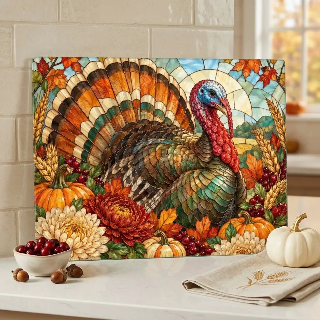 Thanksgiving Turkey Glass Cutting Board, Stained Glass Turkey Kitchen Decor, Fall Floral Harvest Cutting Board, Autumn Gift