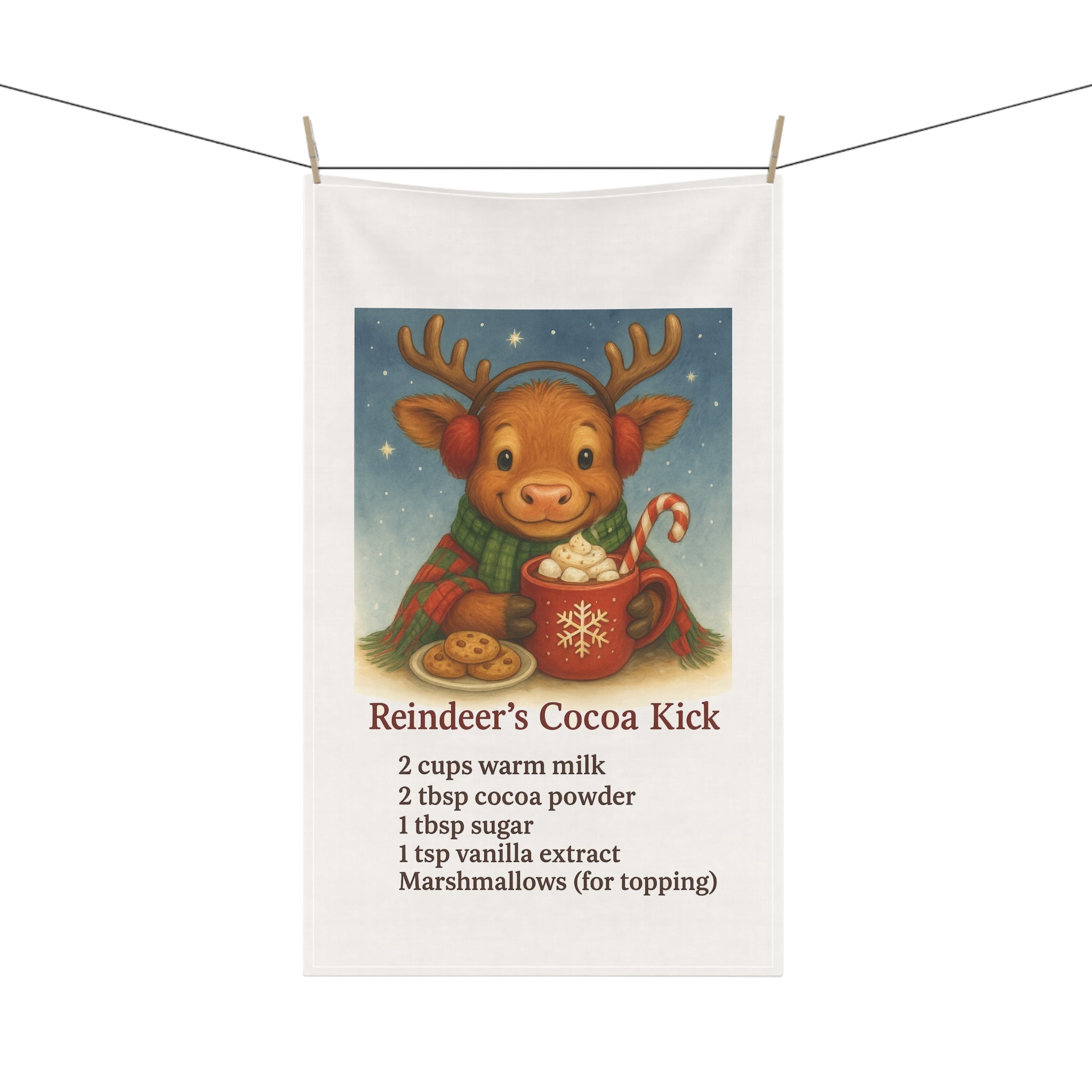 Reindeer Cocoa Kick Tea Towel — Holiday Hot Chocolate Recipe Kitchen Towel