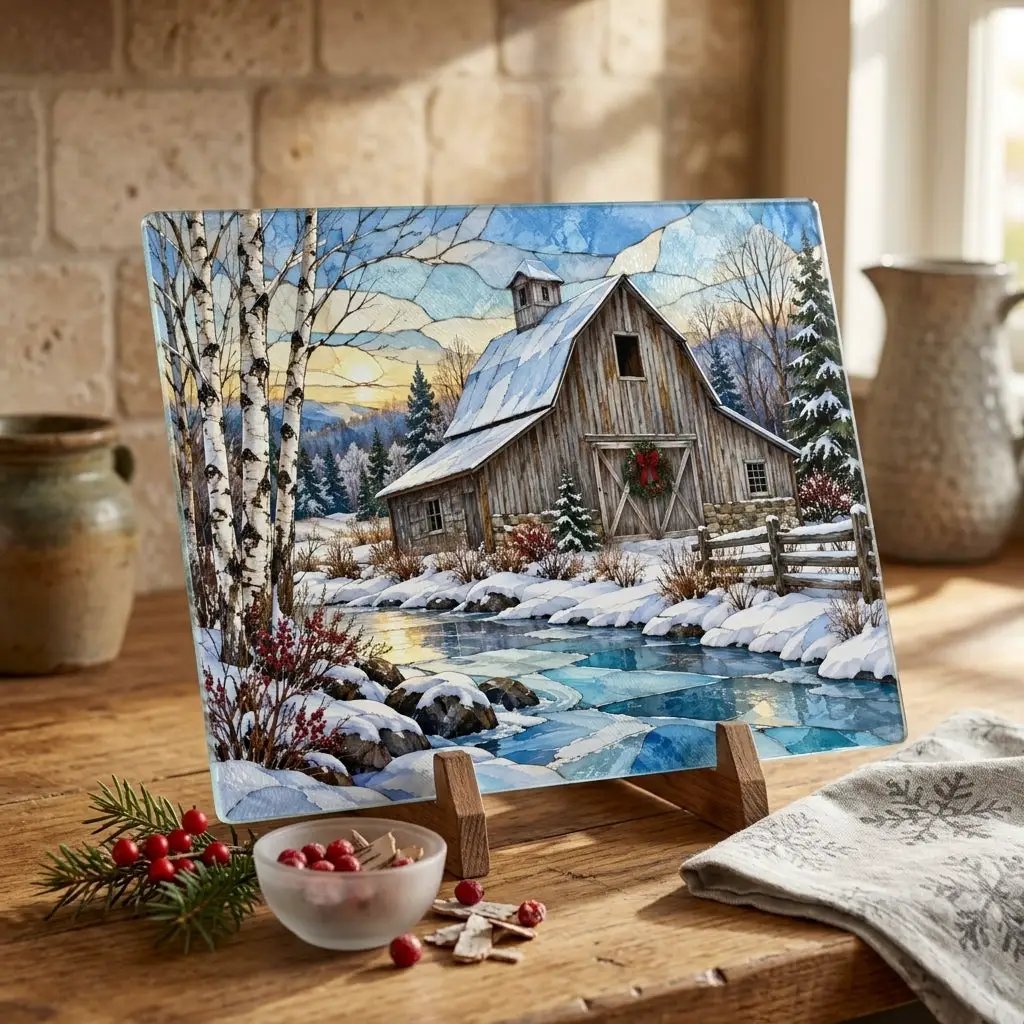 Country Winter Barn Glass Cutting Board, Snowy Farmhouse Kitchen Decor, Rustic Christmas Gift, Winter Barn Kitchen Board