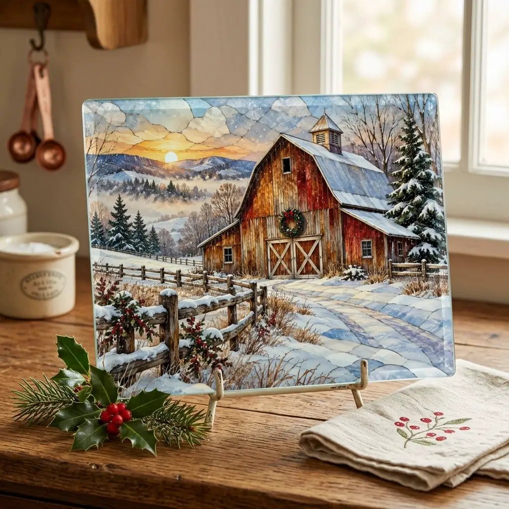 Snowfall Ridge Winter Barn Personalized Cutting Board, Country Farmhouse Kitchen Decor, Stained Glass Farm Scene, Rustic Christmas Gift, Custom Family Gift