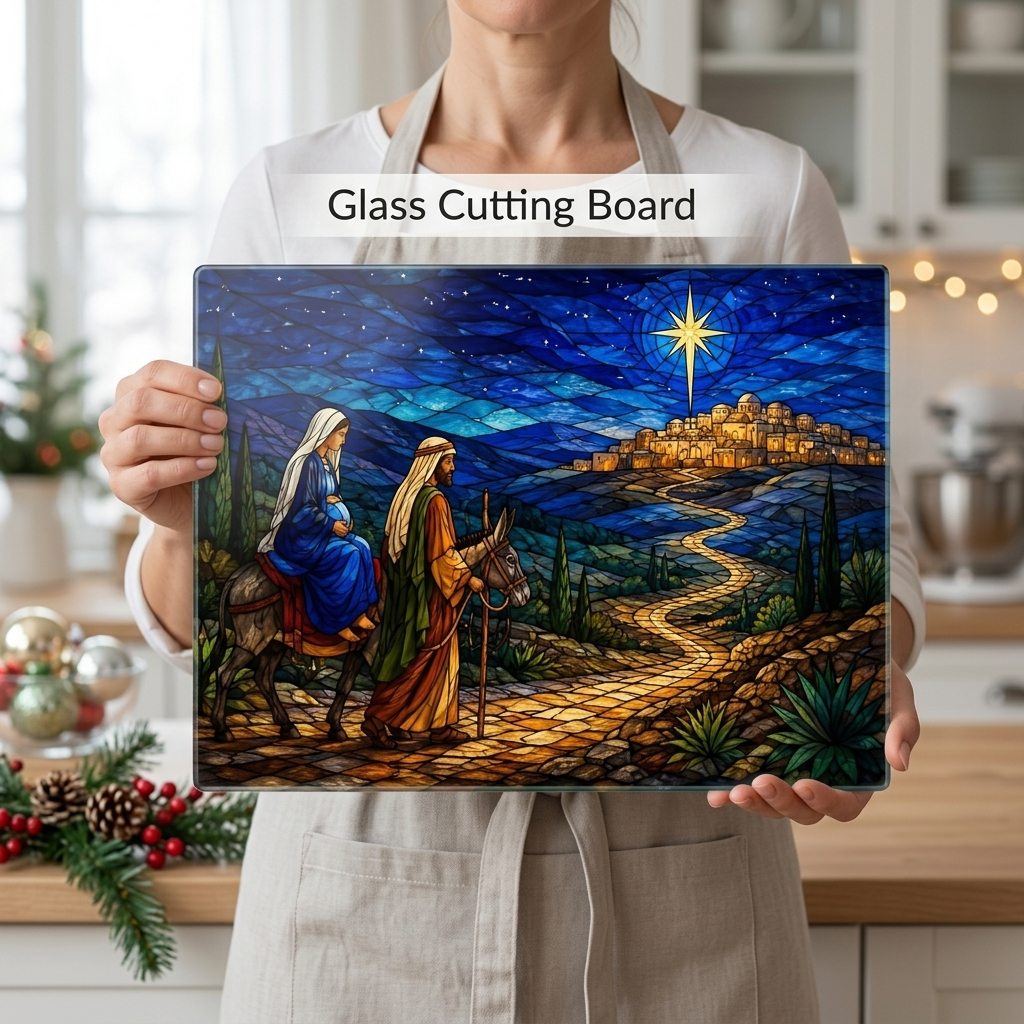 Road to Bethlehem Glass Cutting Board, Christian Christmas Gift, Mary and Joseph Nativity Decor, Religious Christmas Kitchen Decor