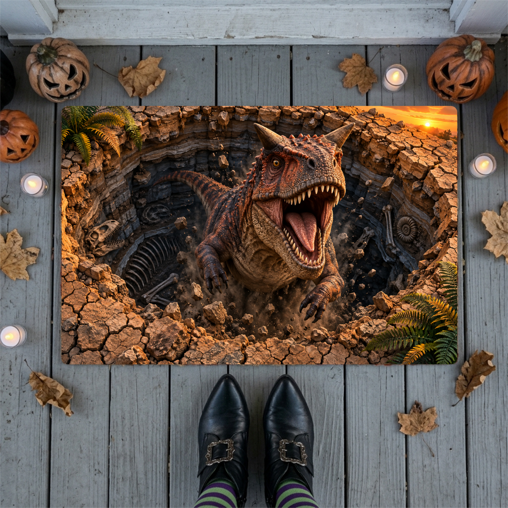 Carnotaurus 3D Optical Illusion Doormat, Dinosaur Fossil Pit Floor Mat, Prehistoric Dinosaur Door Mat, Dino Lover Gift