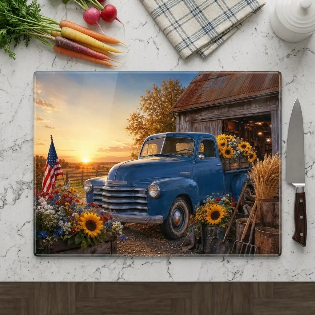 Blue Vintage Truck Glass Cutting Board, Sunflower Farmhouse Kitchen Decor, Country Americana Cutting Board, Rustic Farmhouse Gift