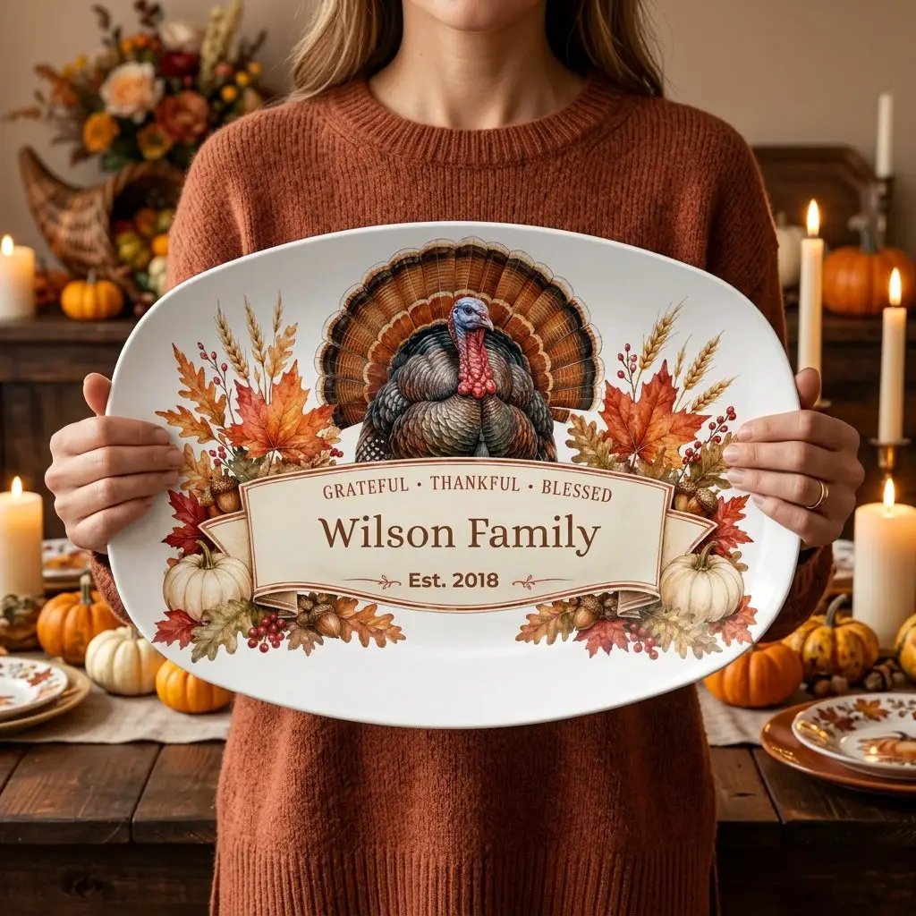 Personalized Thanksgiving Platter with Turkey, Custom Family Name Serving Platter, Grateful Thankful Blessed, Thanksgiving Hostess Gift