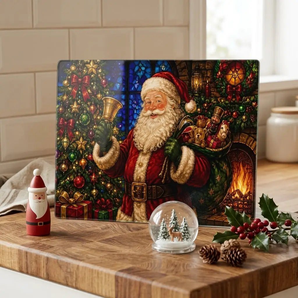 Classic Santa Glass Cutting Board, Stained Glass Christmas Decor, Vintage Santa Gift, Christmas Kitchen Decor, Holiday Serving Board