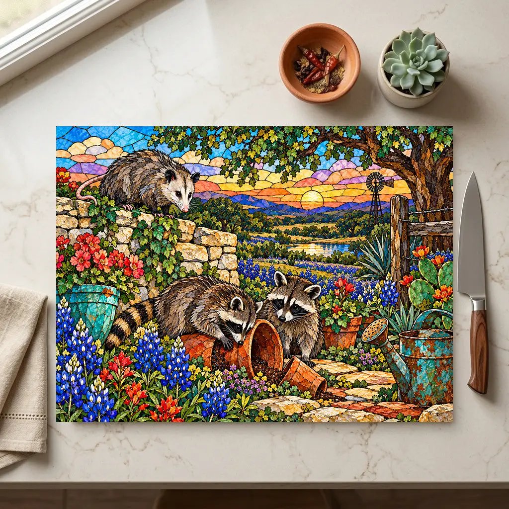 Mischief Opossum Glass Cutting Board, Texas Wildlife Kitchen Decor, Bluebonnet Possum Art, Funny Country Kitchen Gift, Texas Gift