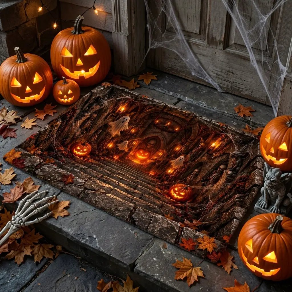 3D Haunted Crypt Doormat, Halloween Ghost Door Mat, Spooky Dungeon Entrance Mat, Skeleton Pumpkin Decor, Gothic Halloween Welcome Mat