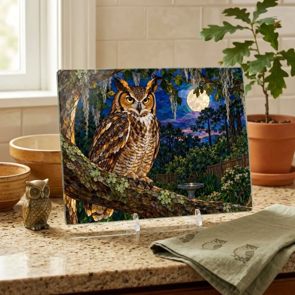 Great Horned Owl Glass Cutting Board, Owl Kitchen Decor, Backyard Bird Lover Gift, Birdwatcher Gift, Woodland Serving Board