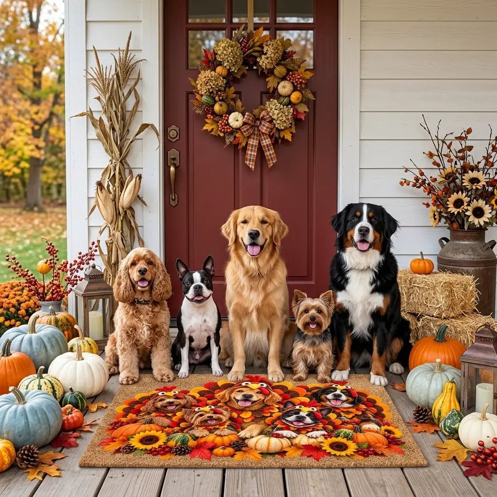Thanksgiving Dog Doormat, Dogs in Turkey Costumes Coir Mat, Funny Fall Welcome Mat, Dog Lover Gift, Thanksgiving Porch Decor