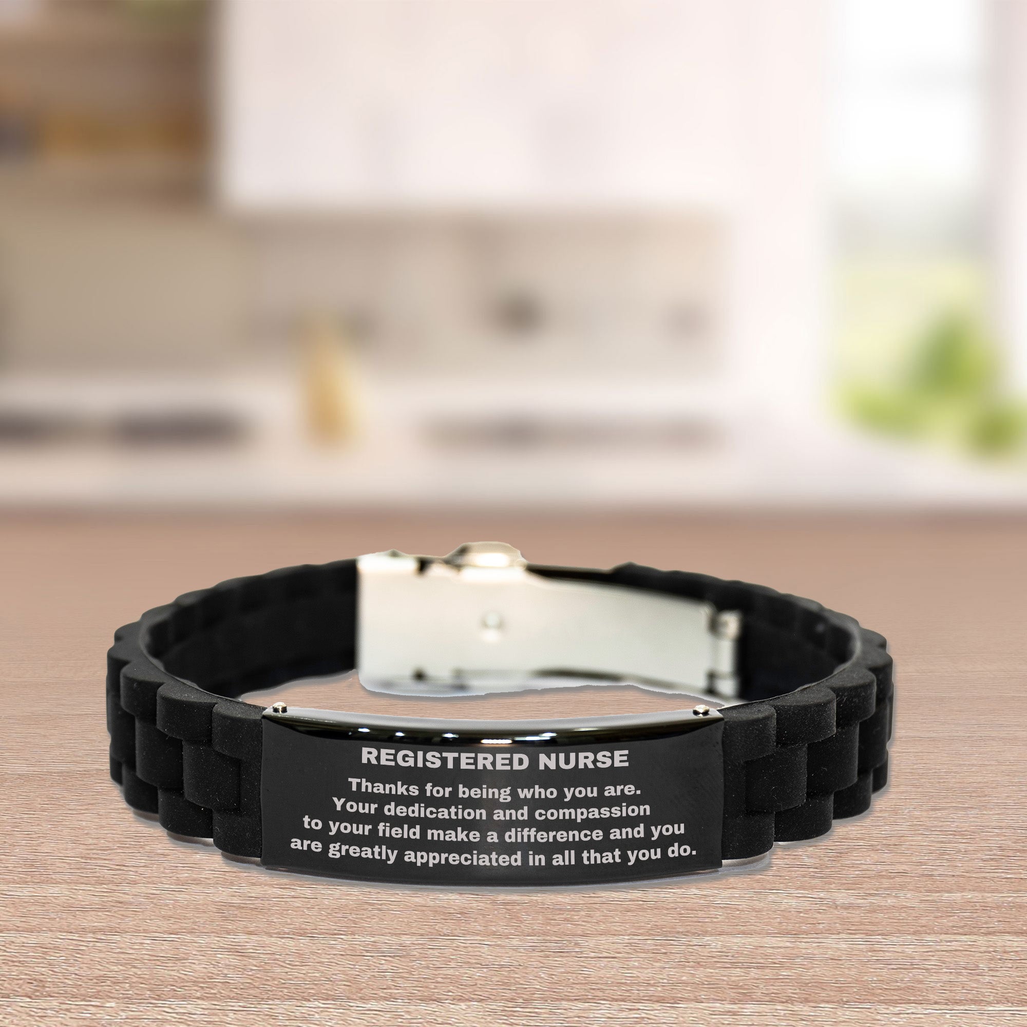 Registered Nurse Black Glidelock Clasp Engraved Bracelet - Thanks for being who you are - Birthday Christmas Jewelry Gifts Coworkers Colleague Boss - Mallard Moon Gift Shop