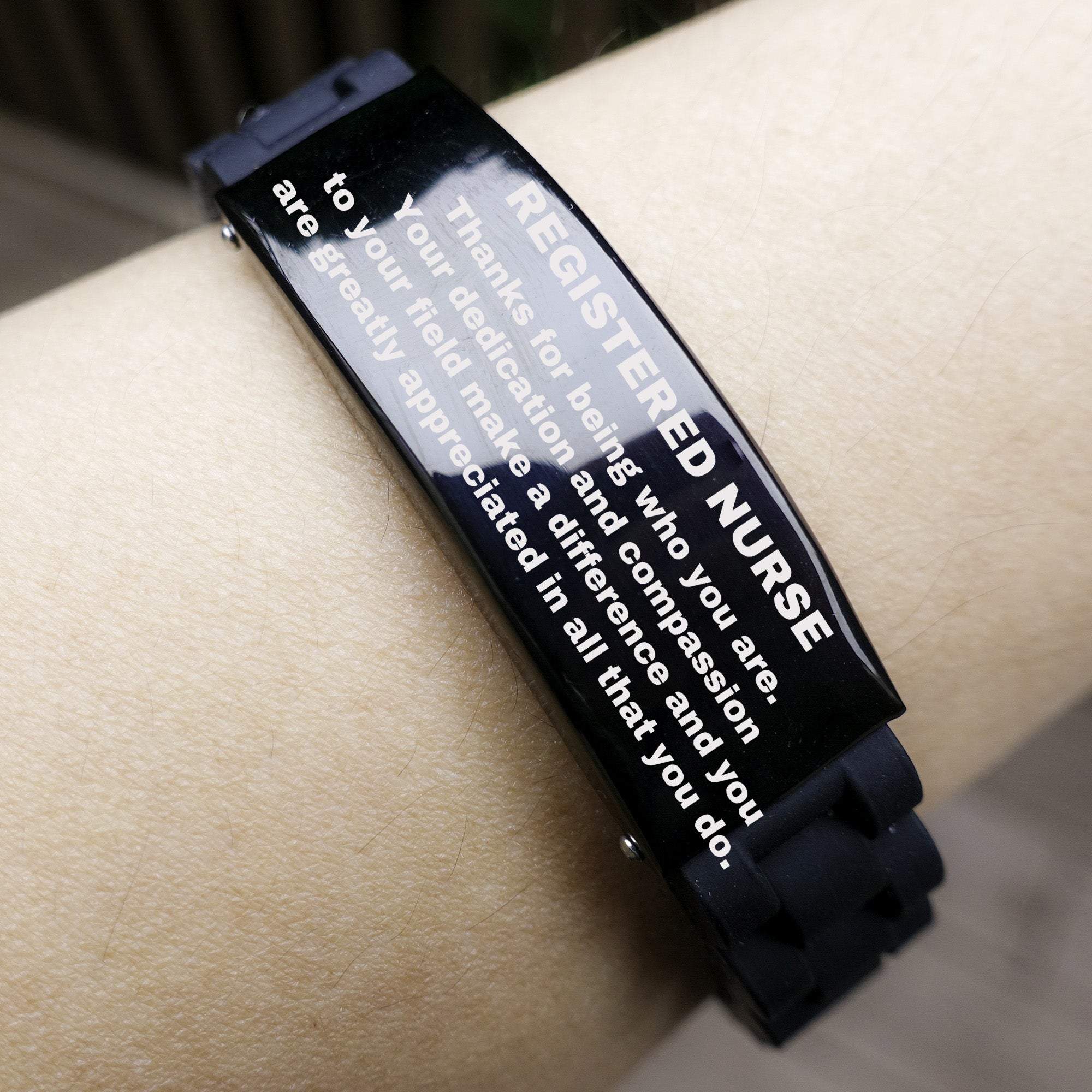 Registered Nurse Black Glidelock Clasp Engraved Bracelet - Thanks for being who you are - Birthday Christmas Jewelry Gifts Coworkers Colleague Boss - Mallard Moon Gift Shop