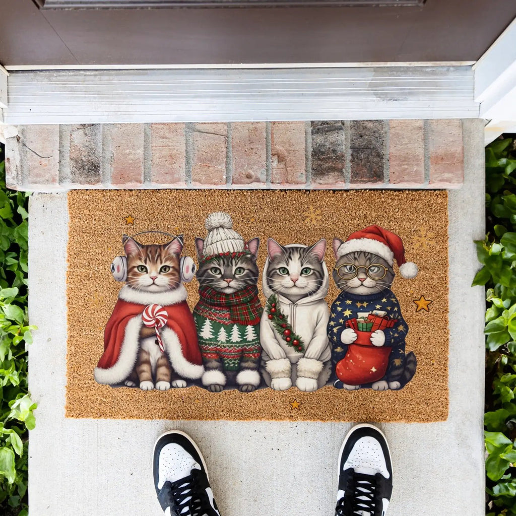 Christmas Cat Doormat, Funny Xmas Cats Coir Doormat, Cute Holiday Welcome Mat, Cat Lover Christmas Gift, Festive Front Porch Decor