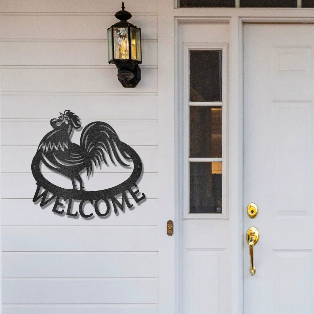 Welcome Rooster Metal Wall Art – Farmhouse Chicken Decor – Rustic Kitchen Wall Sign – Country Home Decor – Farmhouse Porch Sign