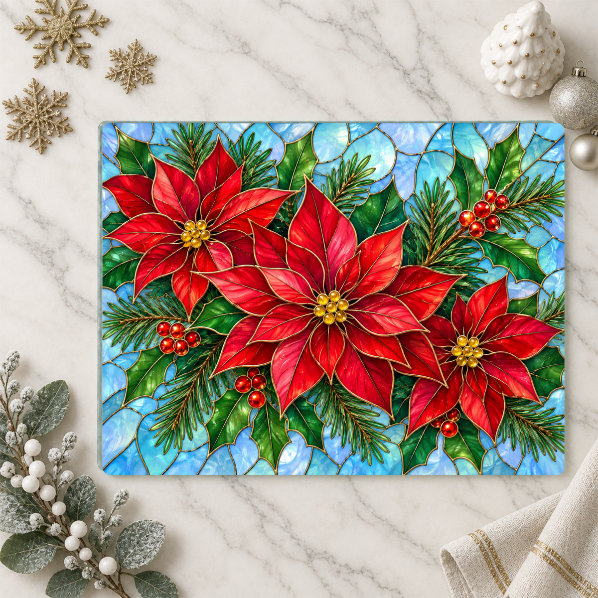 Christmas Poinsettia Glass Cutting Board, Evergreen Holiday Kitchen Decor, Red Floral Serving Board, Festive Winter Cooking Gift Idea