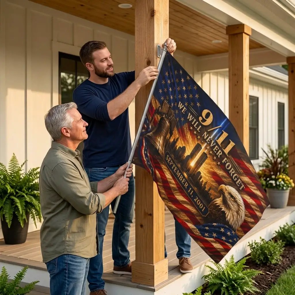 9/11 Never Forget Flag, September 11 Memorial Flag, Double Sided Grommet 911 Remembrance Flag, Patriotic Eagle Liberty Bell Decor