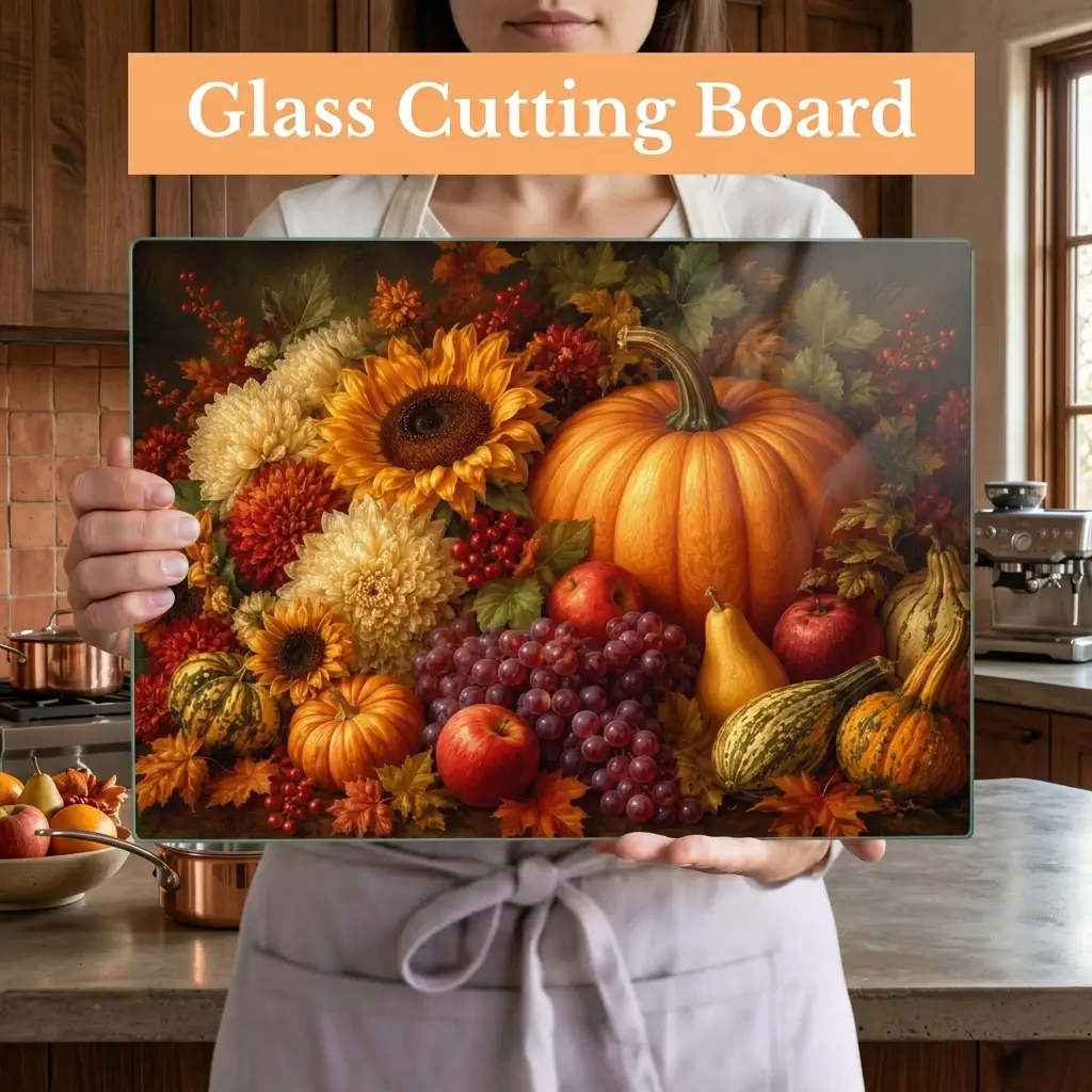 Fall Glass Cutting Board, Pumpkin Sunflower Kitchen Decor, Autumn Harvest Cutting Board, Thanksgiving Kitchen Gift