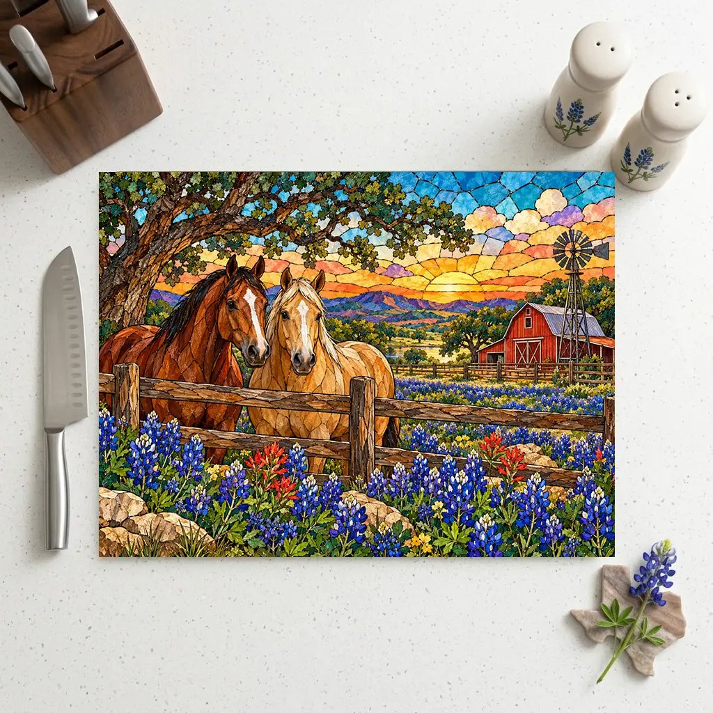 Bluebonnet Ranch Glass Cutting Board, Texas Horse Kitchen Decor, Bluebonnet Gift, Western Ranch Decor, Stained Glass Style Cutting Board