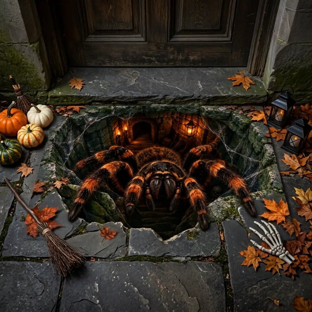 Giant Spider Halloween 3D Doormat, Scary Optical Illusion Welcome Mat, Creepy Spider Door Mat, Haunted House Halloween Porch Decor